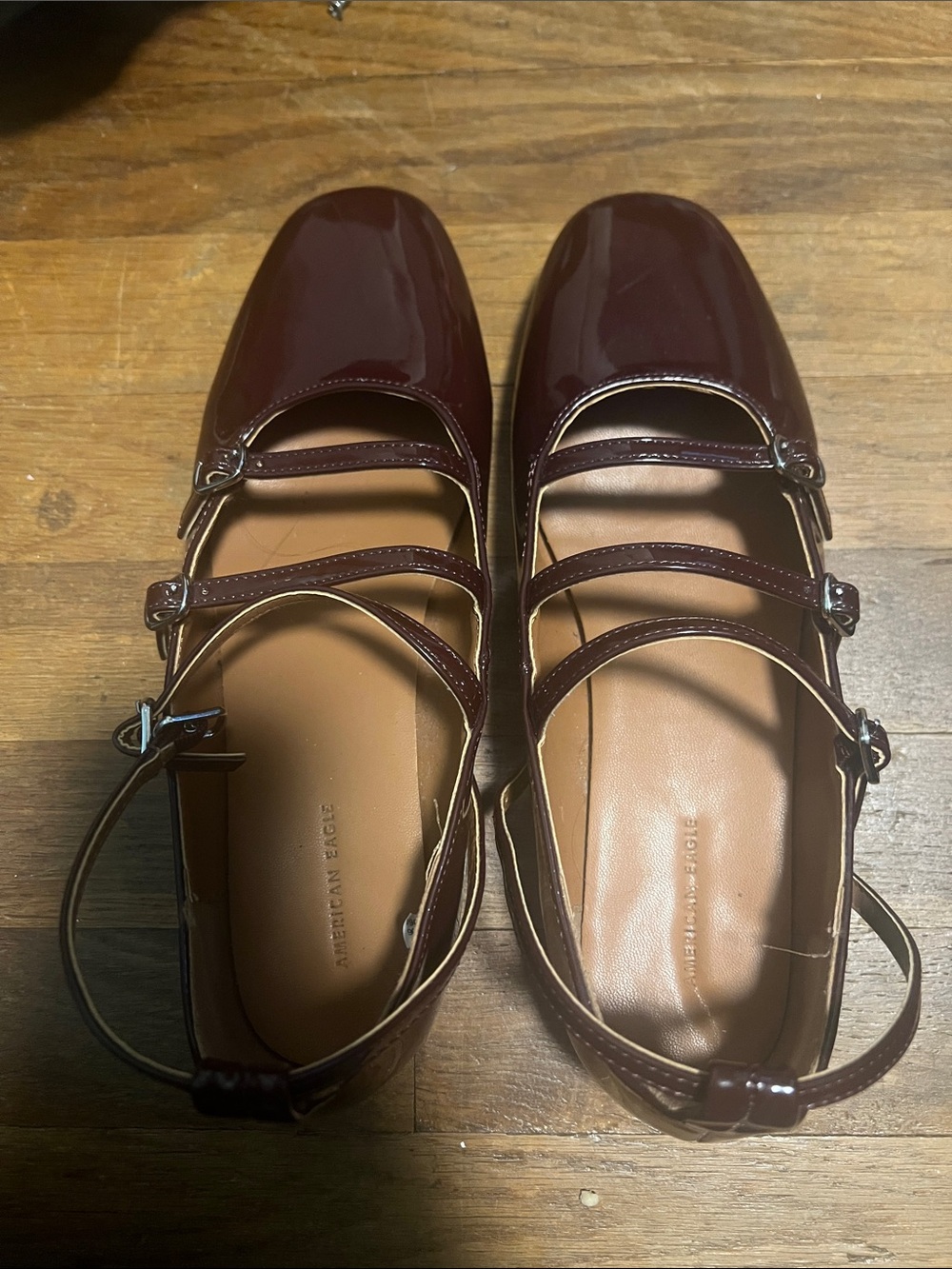 Patent Burgundy Triple-Strap Mary Jane Flats